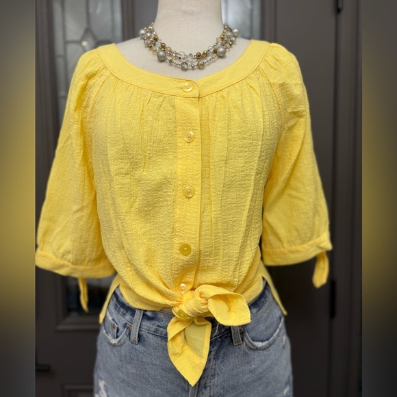 White Stag Women’s Yellow 3/4 Tie Sleeve Button Front Crinkle Blouse Size 1X - Picture 1 of 8